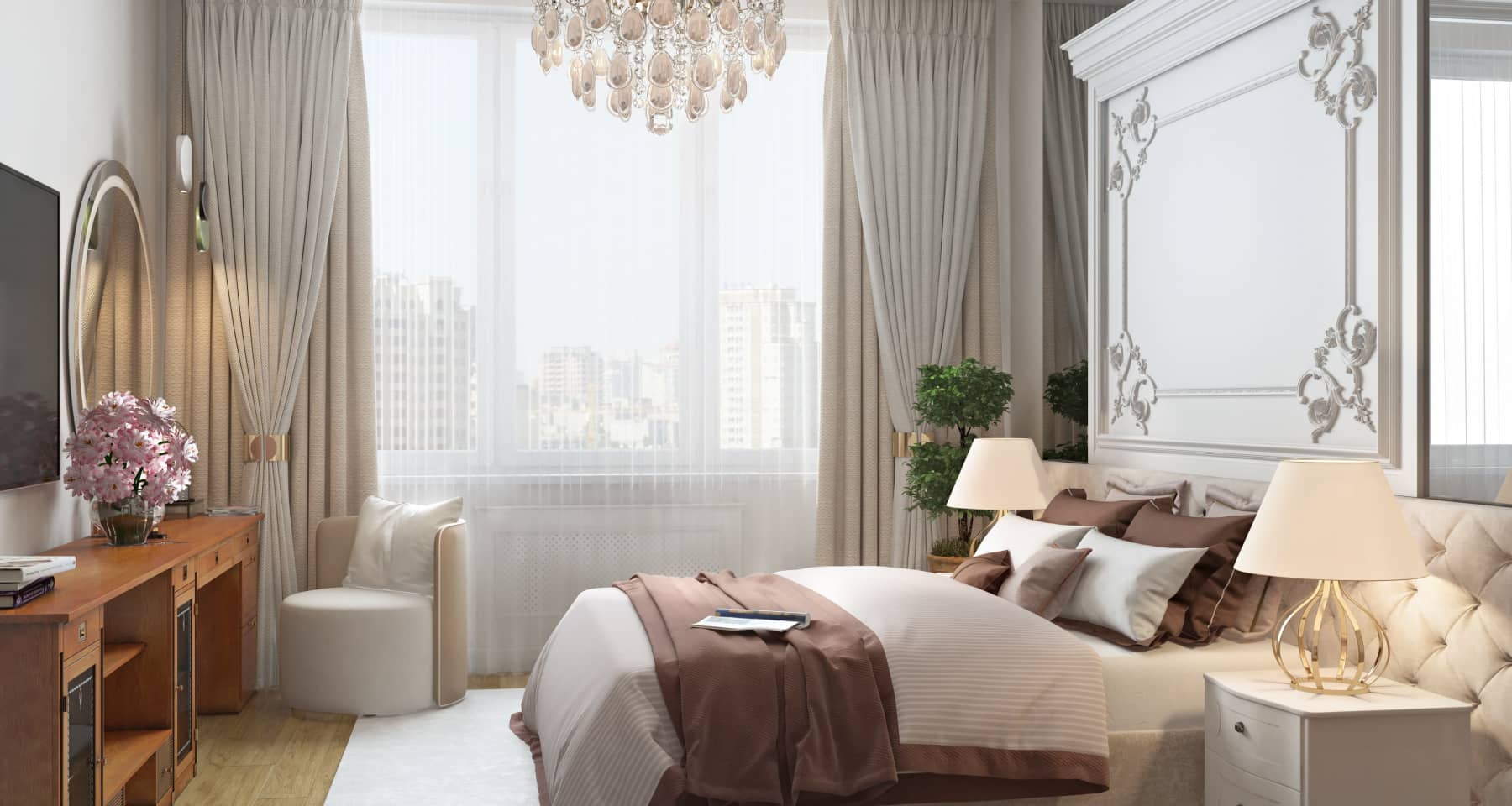 Интерьер светлой спальни в стиле современная классика