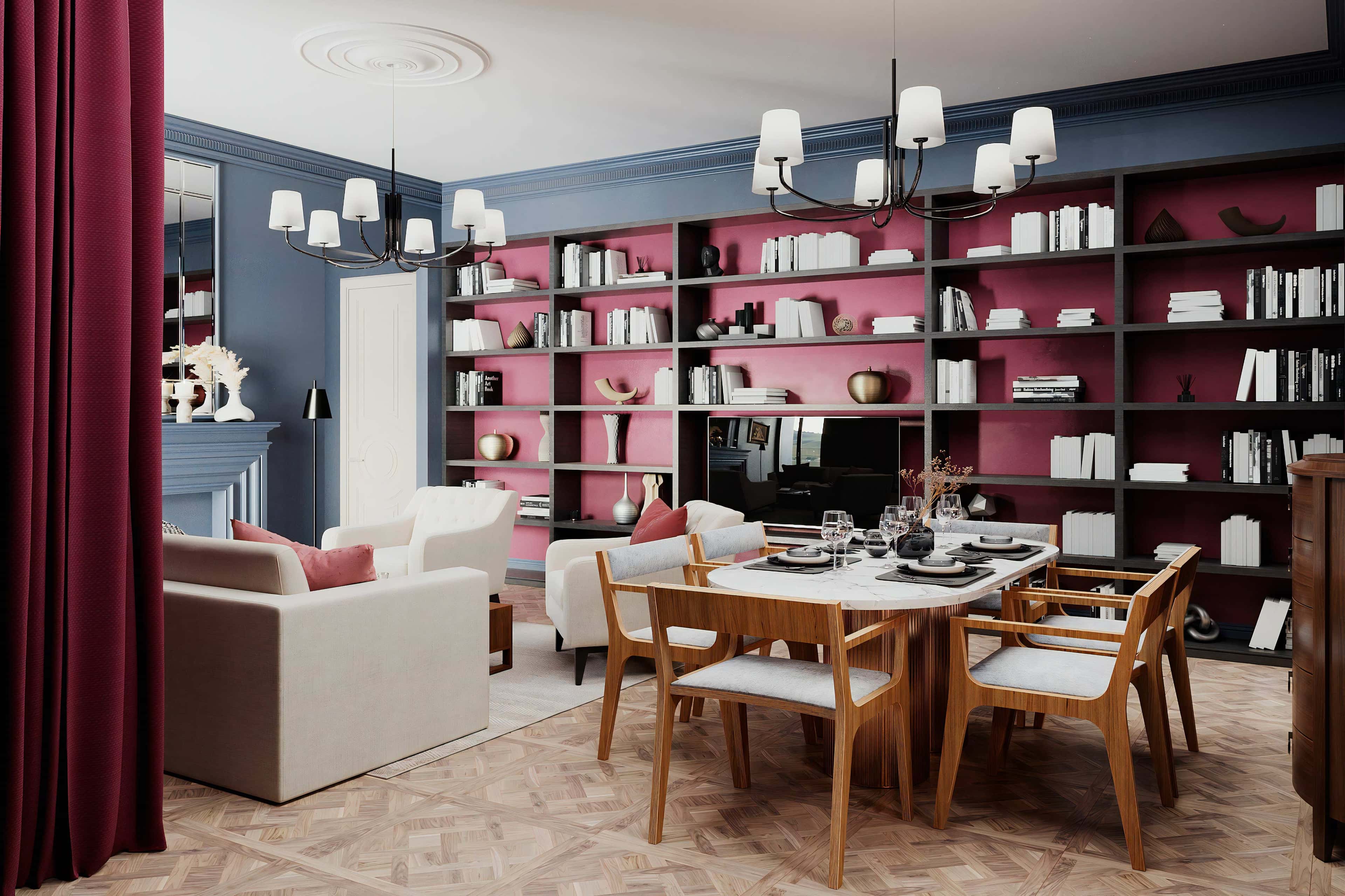 Дизайн яркой гостиной со столовой зоной Дизайн яркой гостиной со столовой зоной