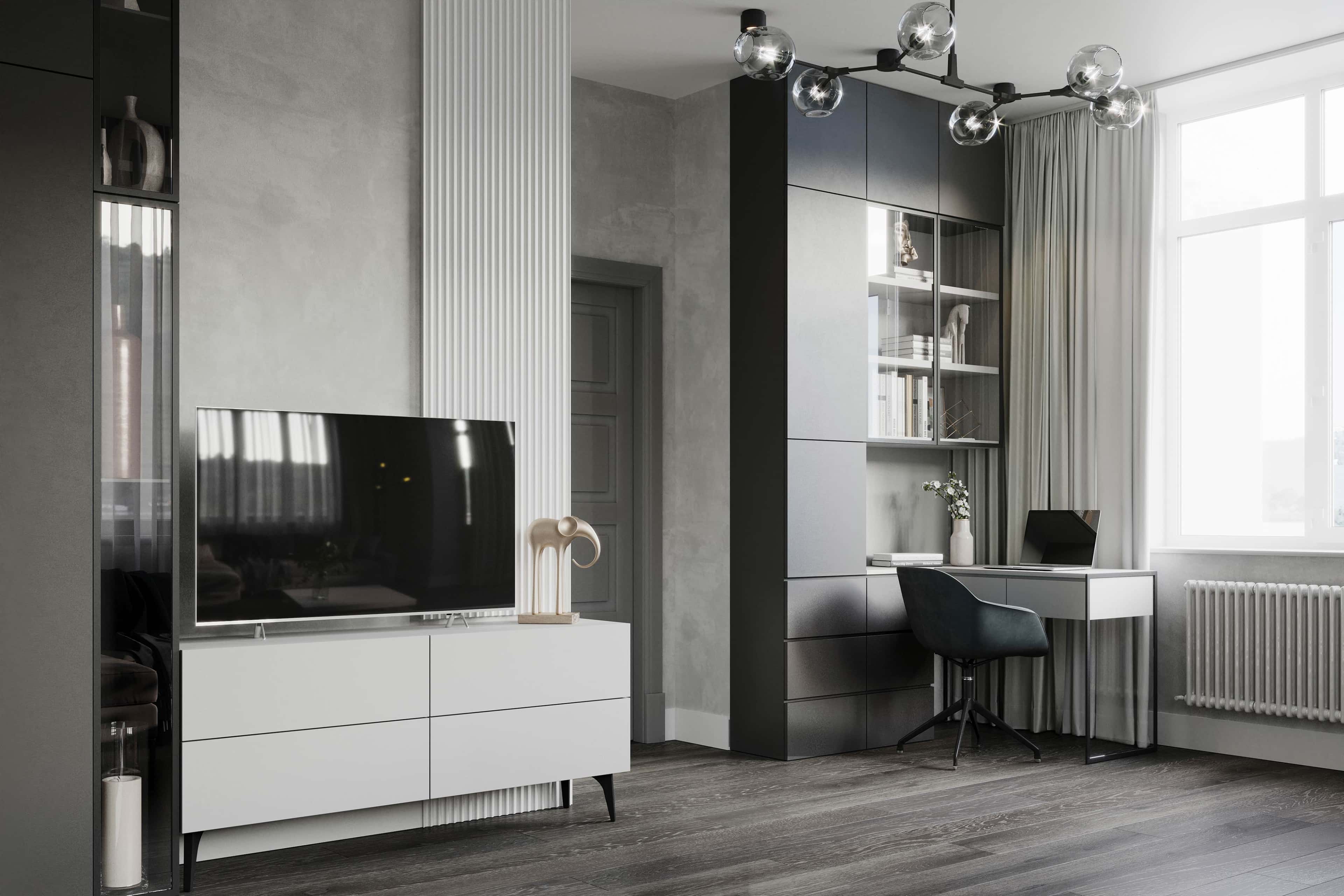 Современный дизайн гостиной с рабочим местом Современный дизайн гостиной с рабочим местом