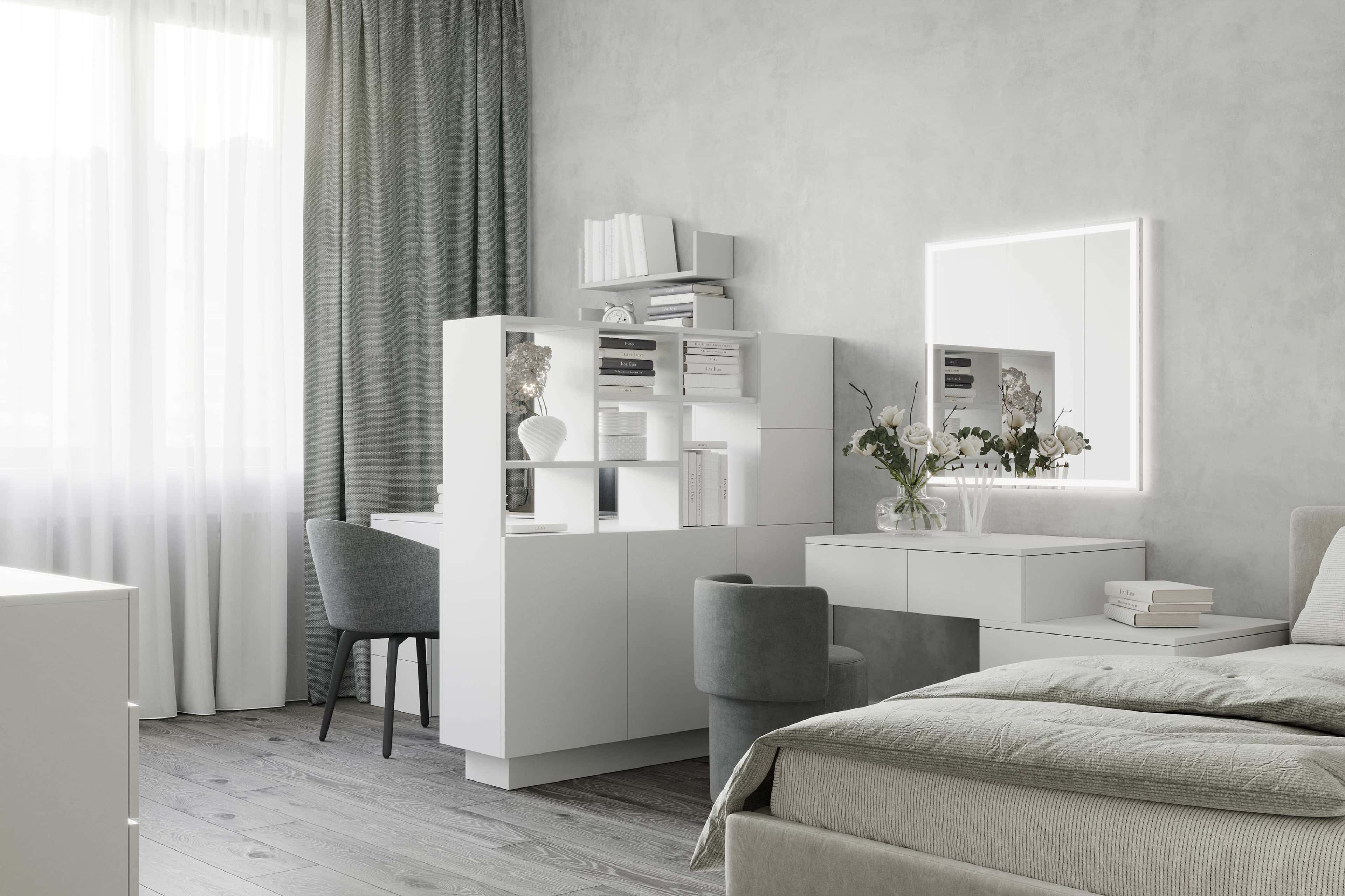 Дизайн светло-серой детской со стеллажом Дизайн светло-серой детской со стеллажом