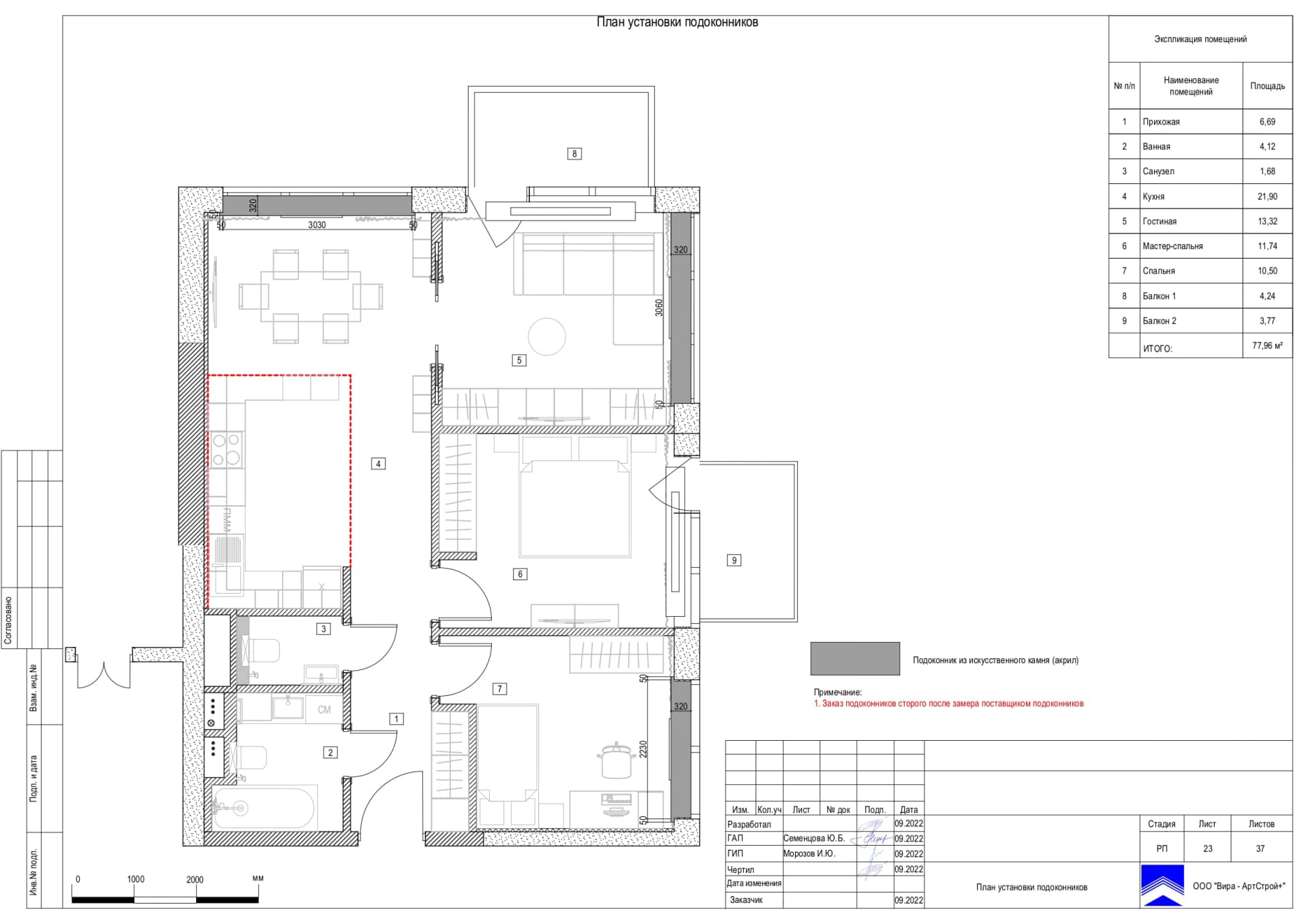 План установки подоконников, квартира 78 м² в ЖК «Джаз»