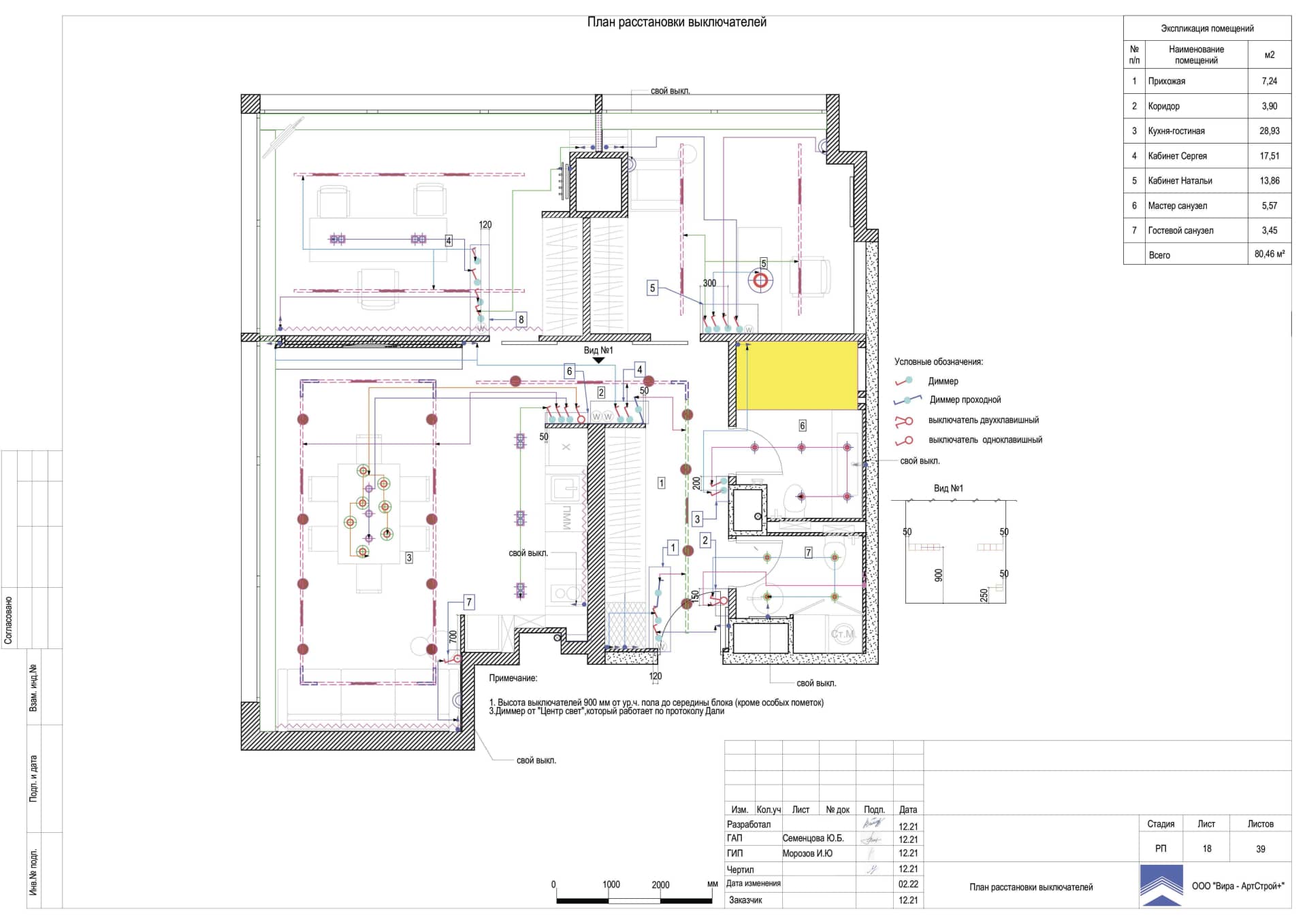 План расстановки выключателей, квартира 81 м²