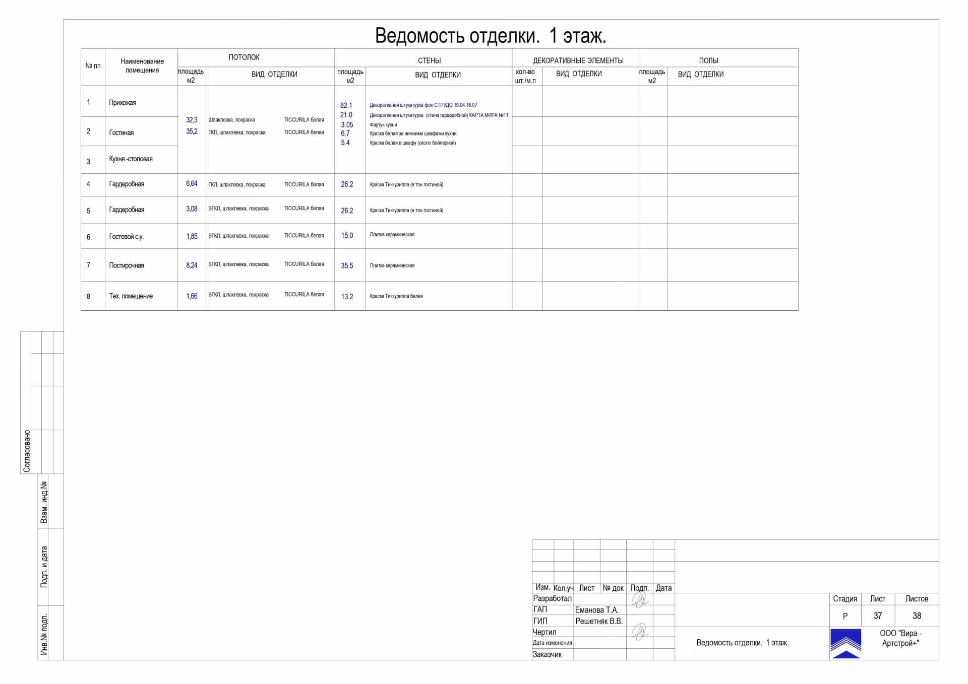 Ведомость отделки 1 этаж, квартира 176 м² в ЖК «Измайлово Lane»