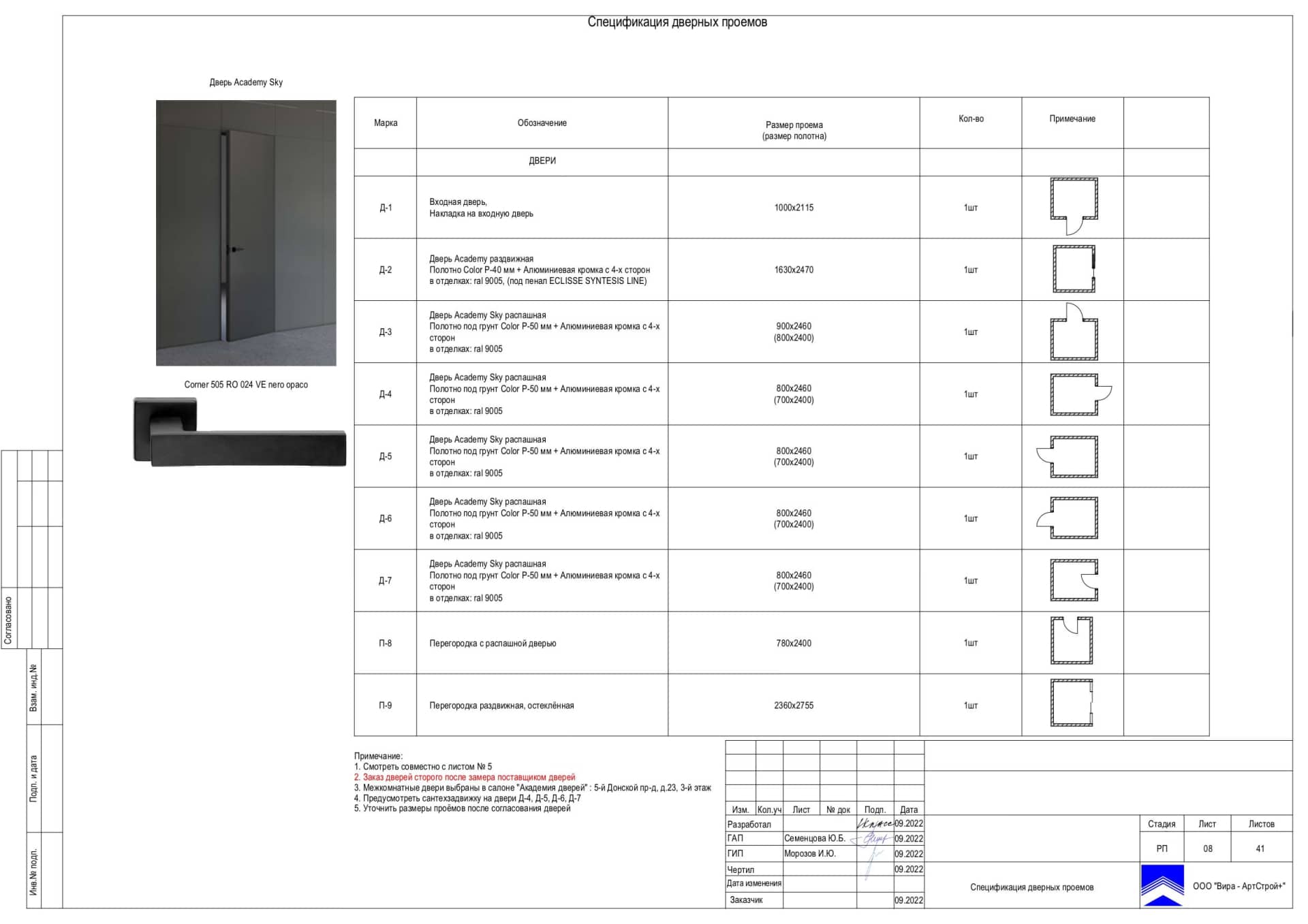 Спецификация дверных проемов, квартира 112 м² в ЖК «Хорошёвский»