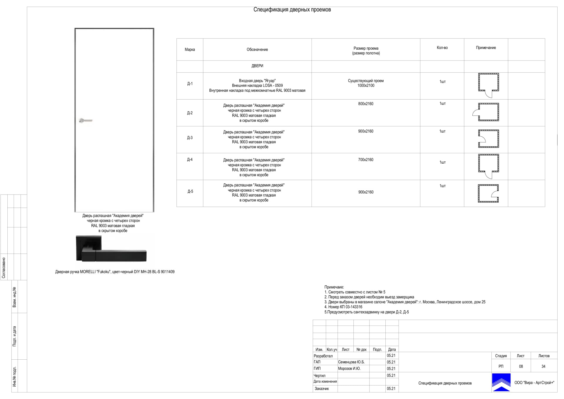 Спецификация дверных проемов, квартира 64 м²