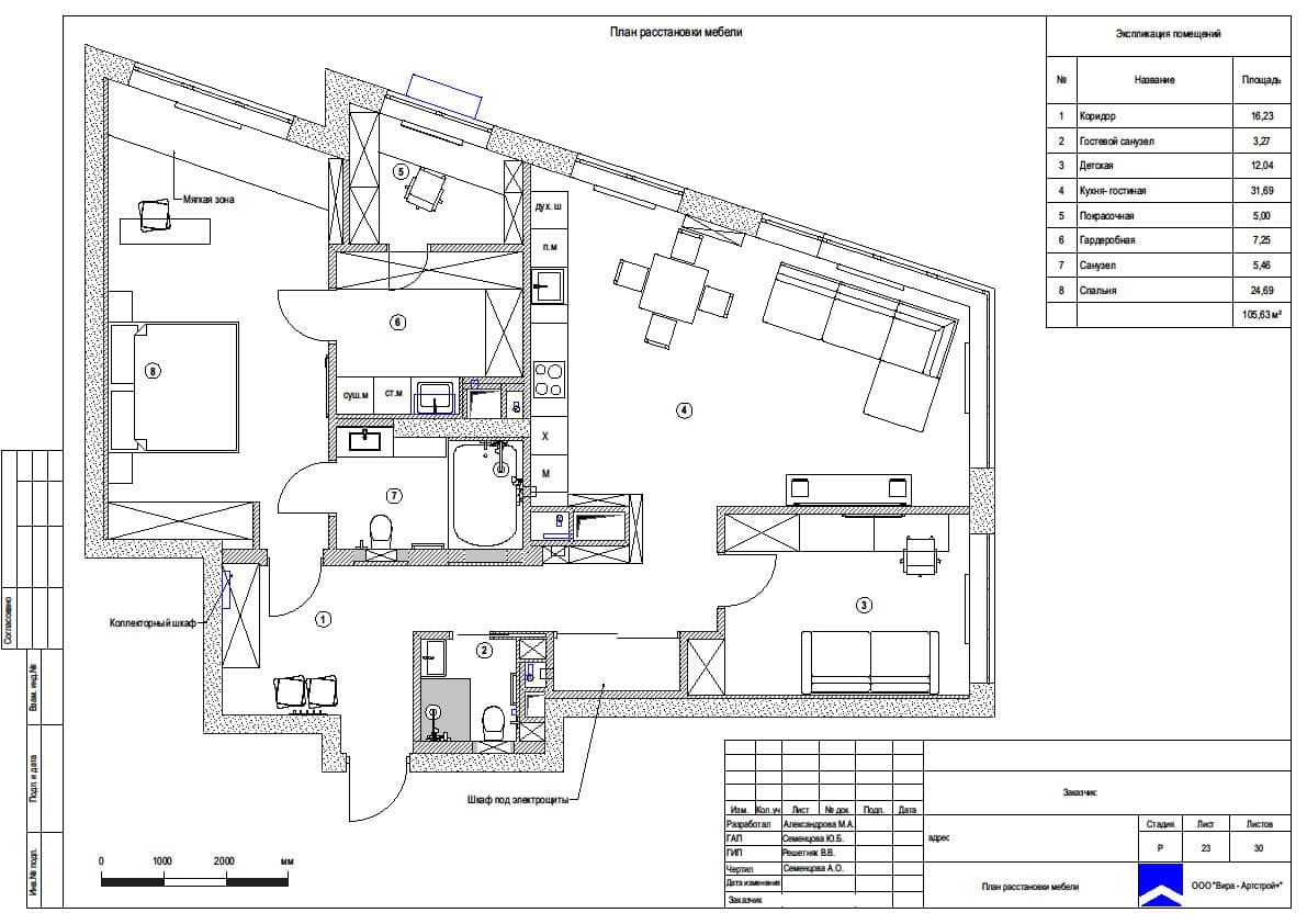 План расстановки мебели, квартира 110 м² в ЖК «Сердце столицы»