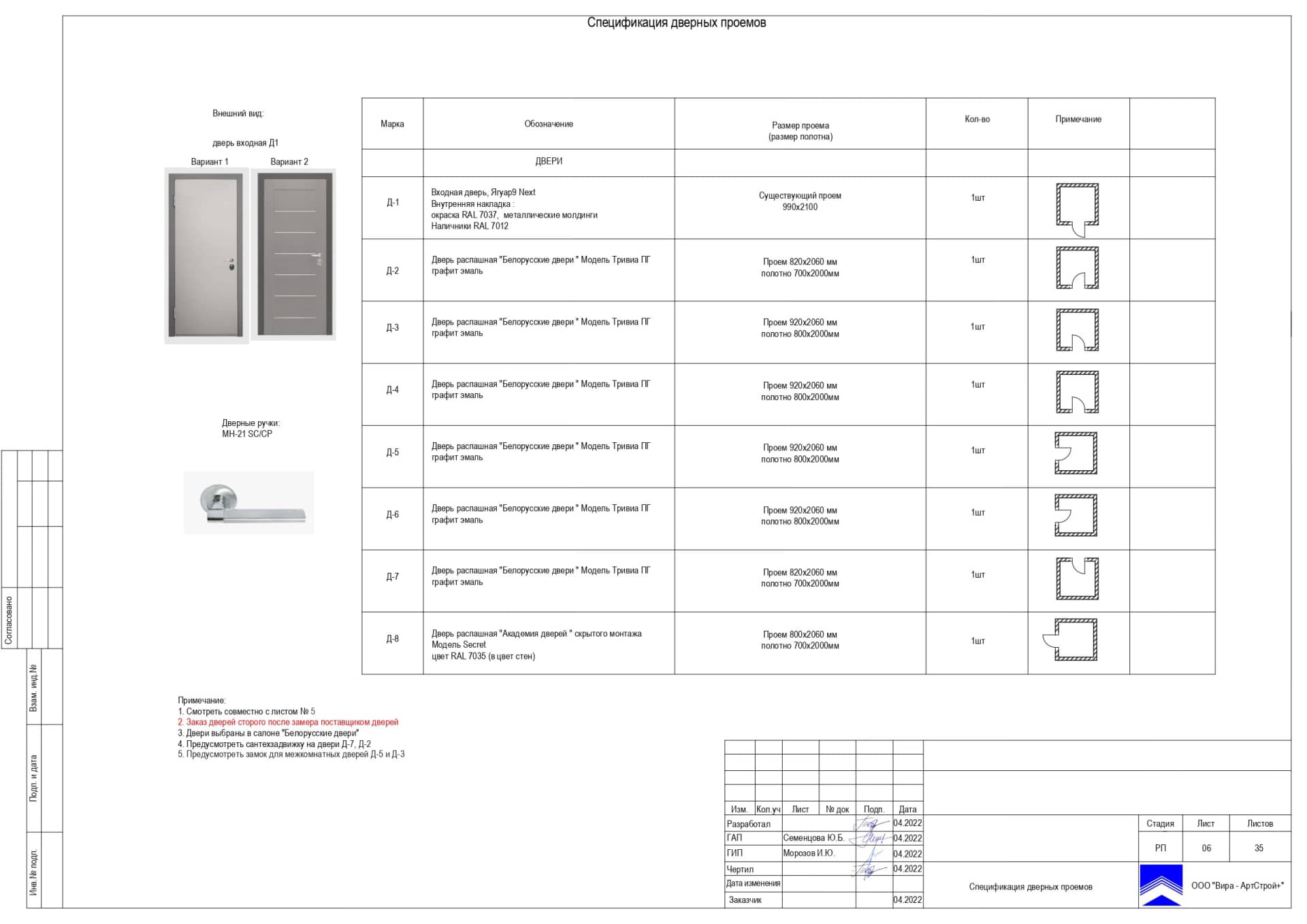 Спецификация дверных проемов, квартира 104 м² в ЖК «Янтарный город»