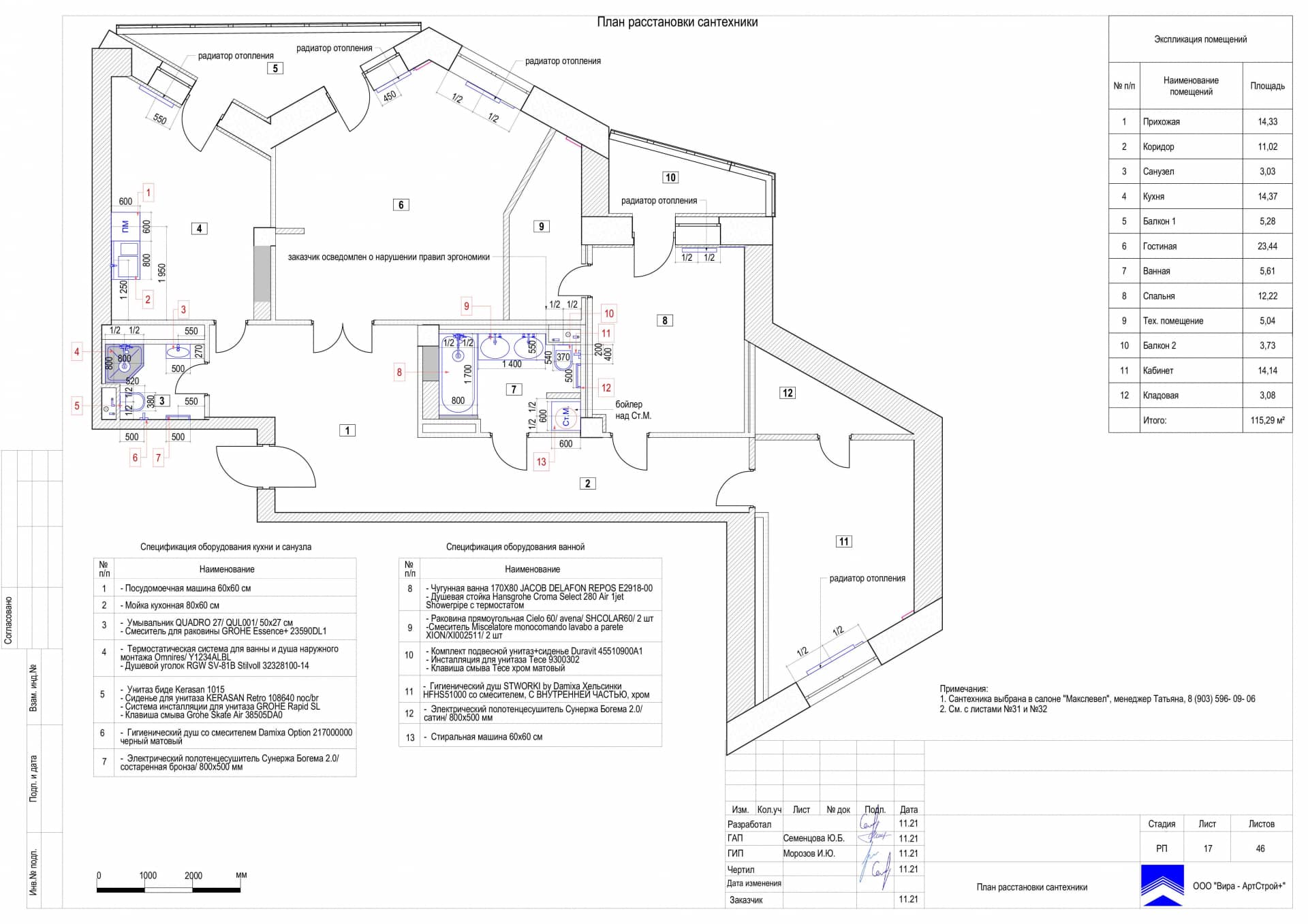 План растановки сантехники, квартира 115 м²