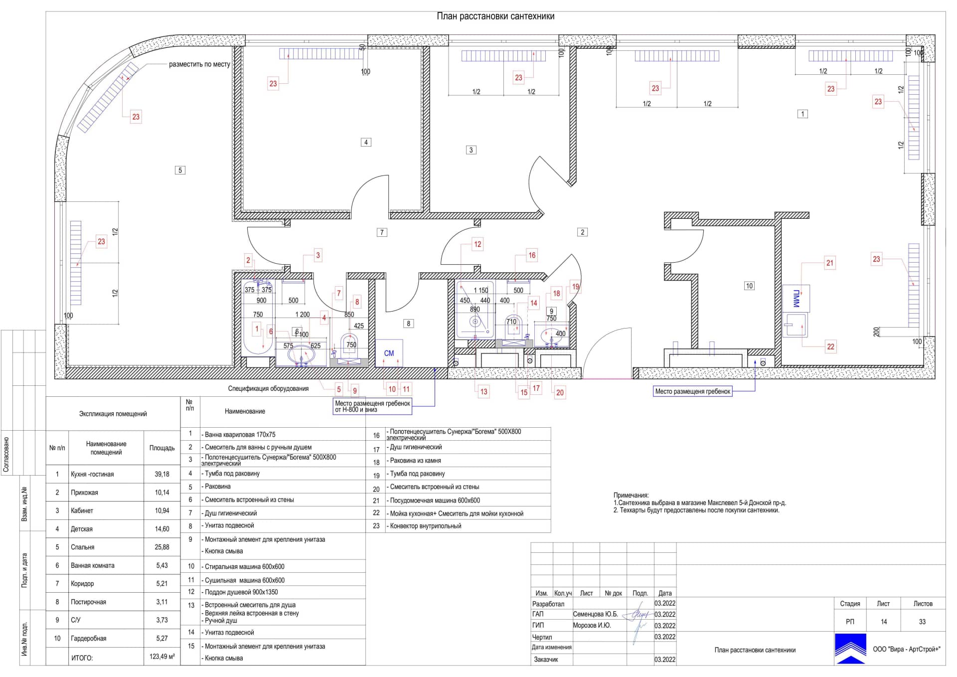 План расстановки сантехники, квартира 124 м² в ЖК «Композиция № 24»