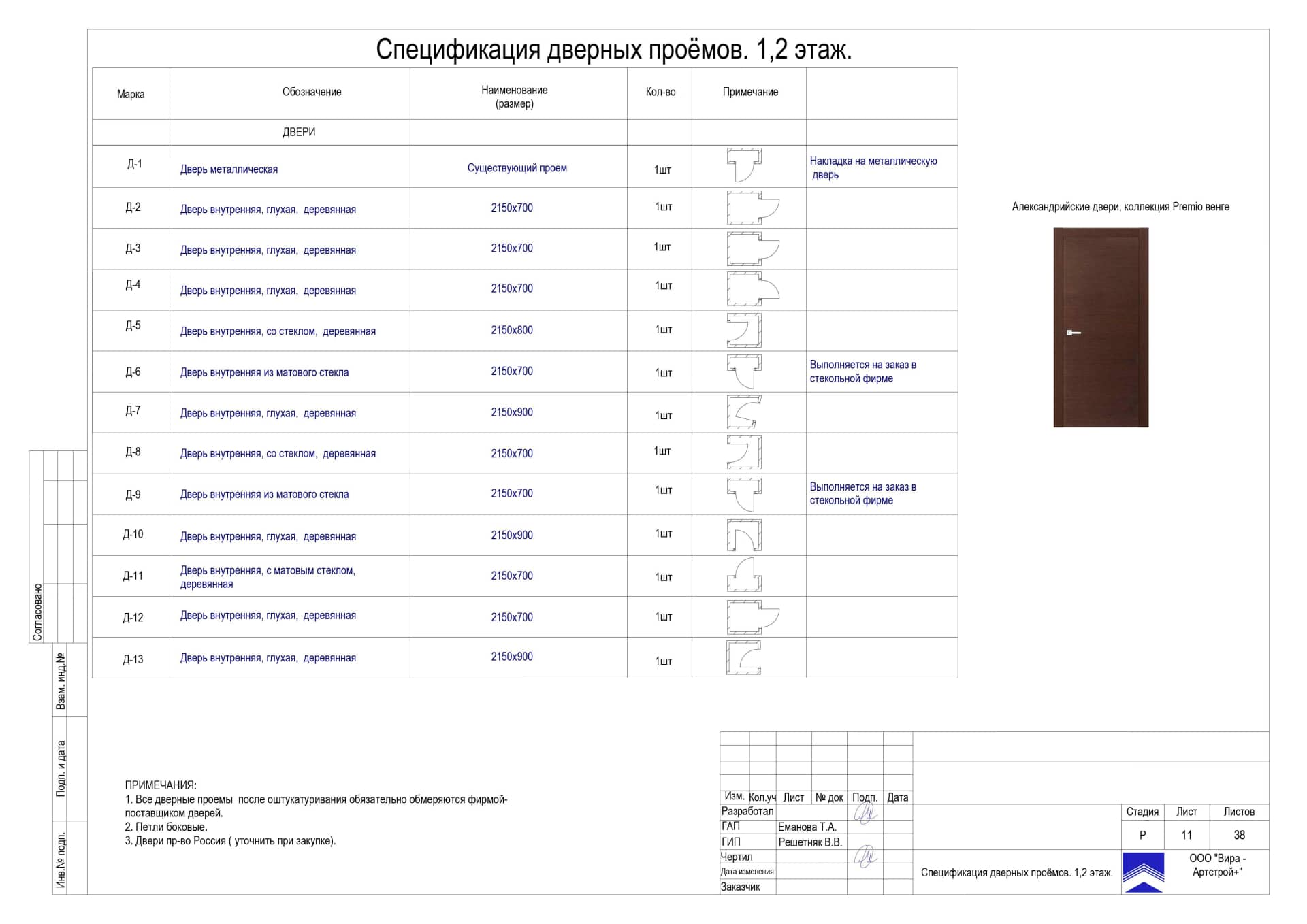 Спецификация дверных проемов, квартира 176 м² в ЖК «Измайлово Lane»