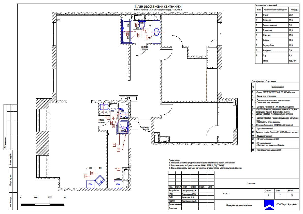 План расстановки сантехники, квартира 135 м² в ЖК «Среда»