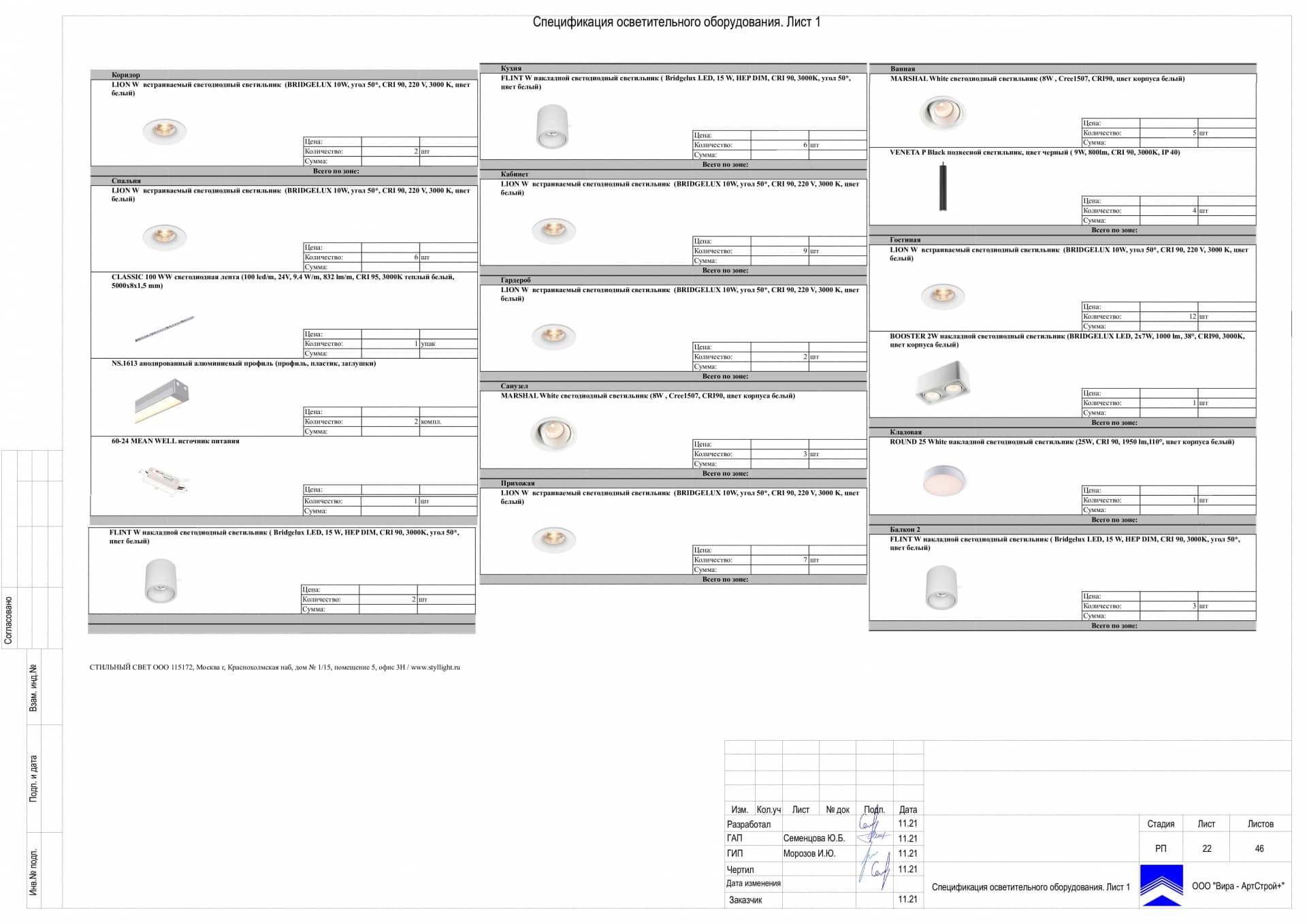 Спецификация осветительного обурудования. Лист 1, квартира 115 м²