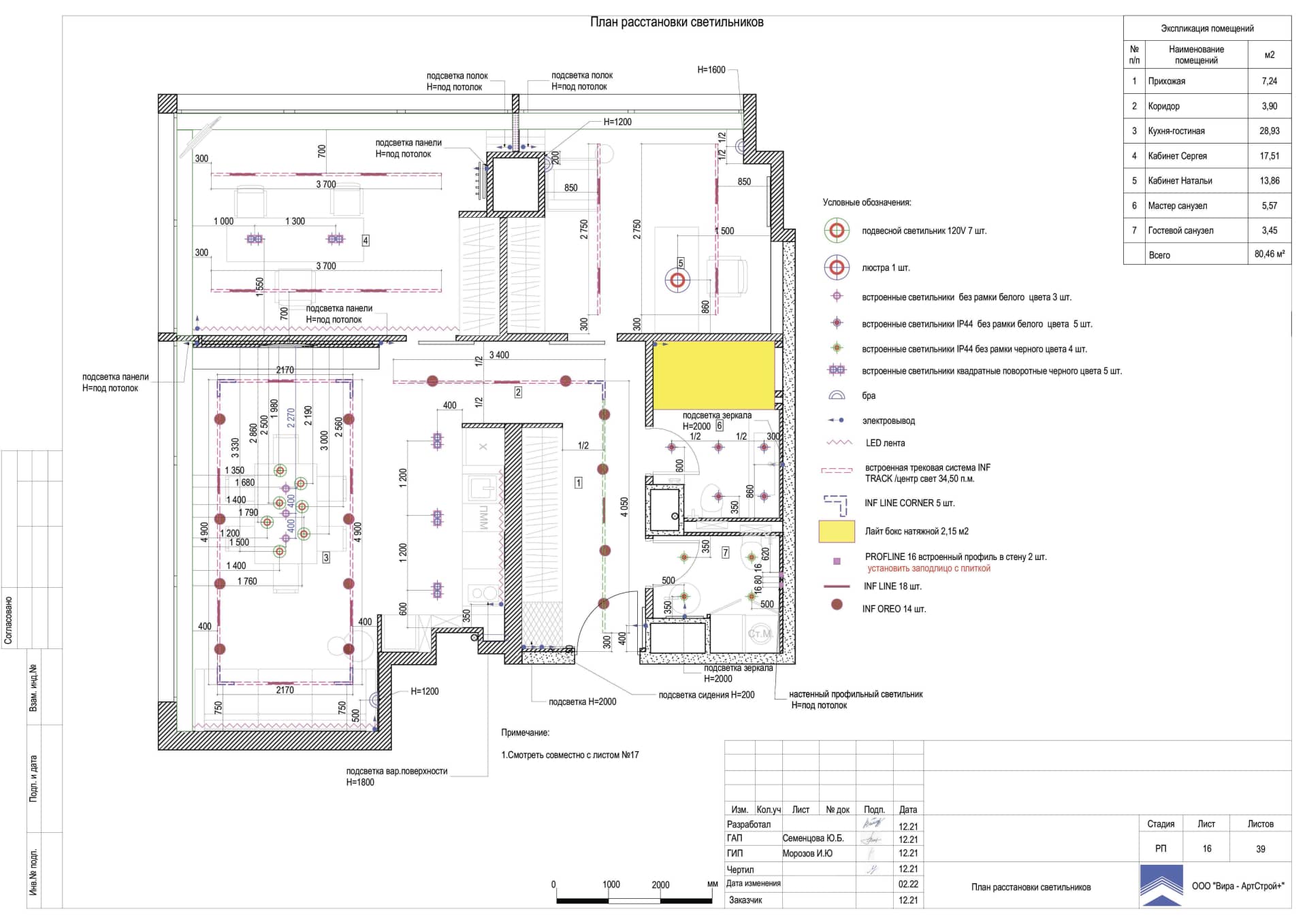 План расстановки светильников, квартира 81 м²