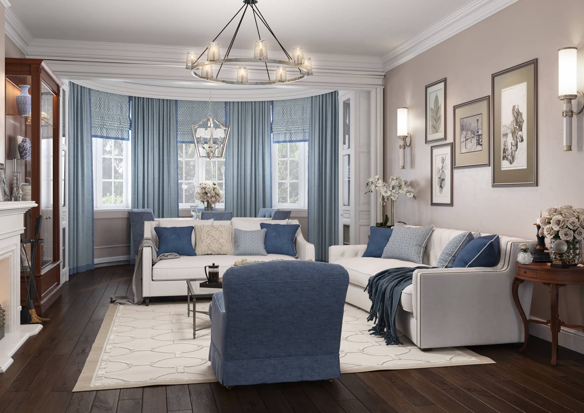 Зона гостиной и столовой в стиле современная классика с белыми диванами и голубыми шторами