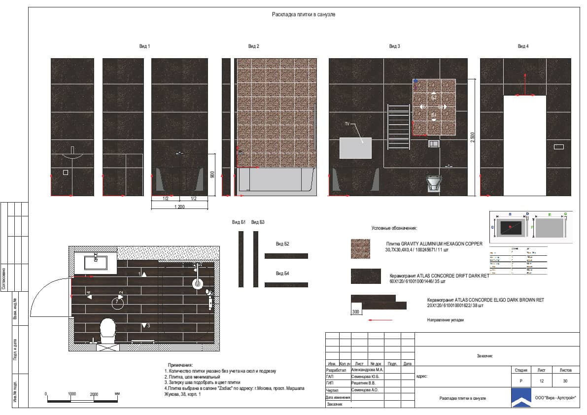 Раскладка плитки в санузле, квартира 110 м² в ЖК «Сердце столицы»