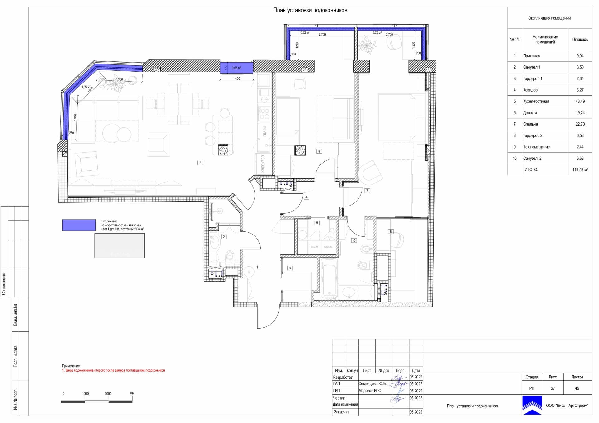 План установки подоконников, квартира 120 м² в ЖК «Сколков Бор»