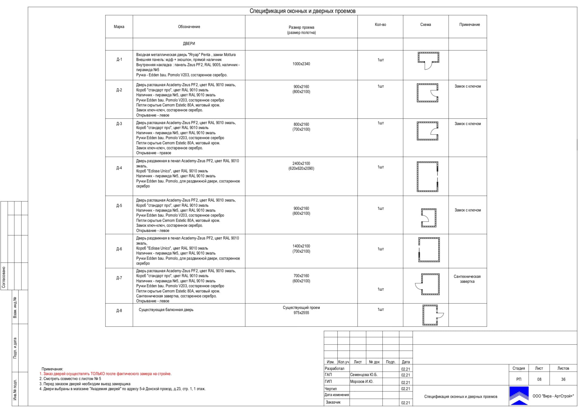 Спецификация оконных и дверных проемов, квартира 89 м²