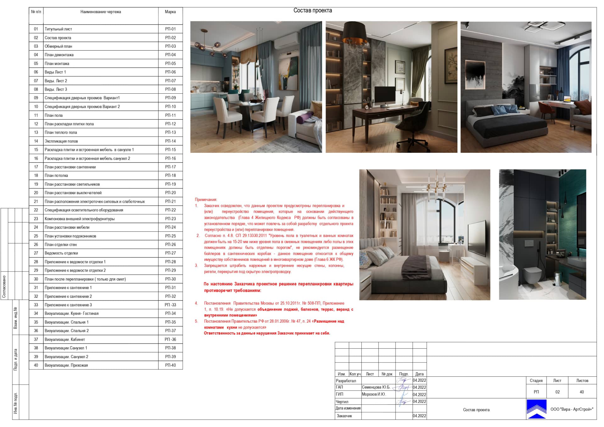 Состав проекта, квартира 107 м² в ЖК «Серебряный Парк»