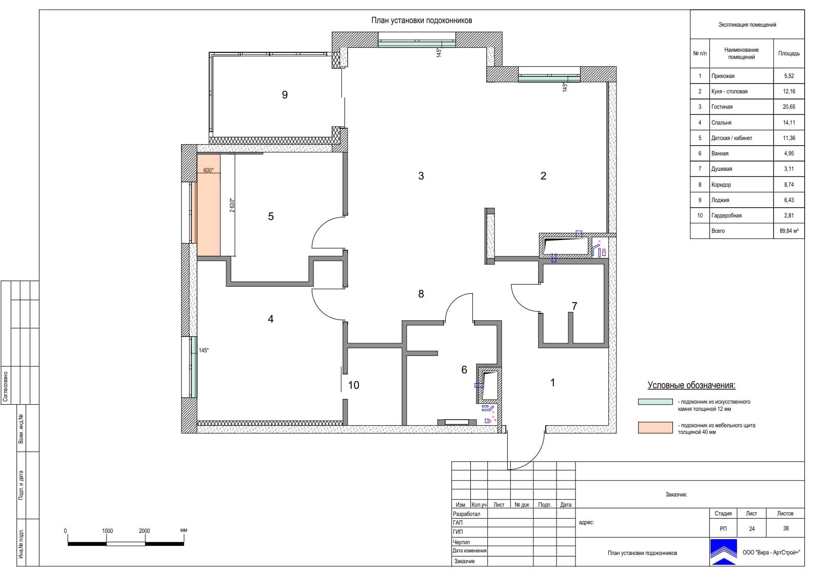 План подоконников, квартира 92 м² в ЖК «Life Ботанический сад 2»