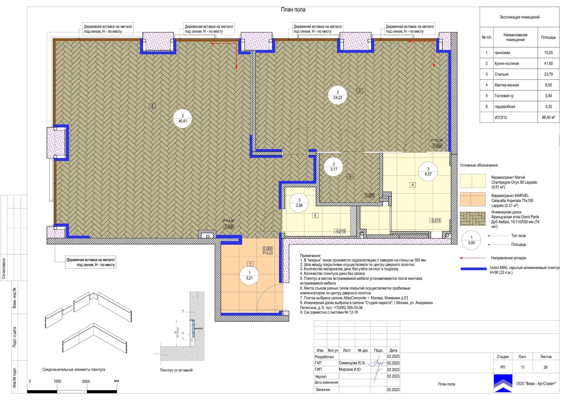 План пола, квартира 88 м² в ЖК «Прайм Парк»