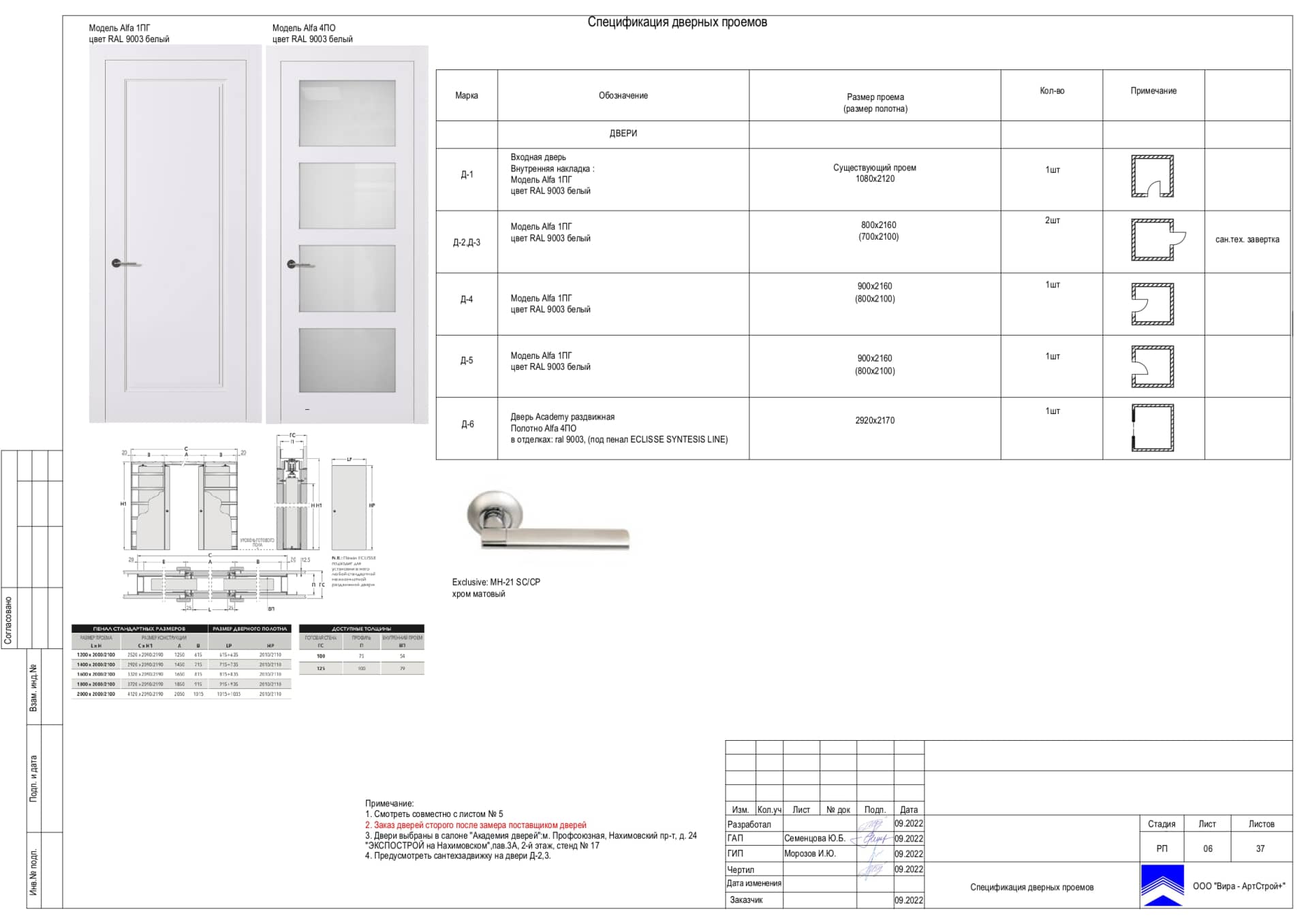 Спецификация дверных проемов, квартира 78 м² в ЖК «Джаз»