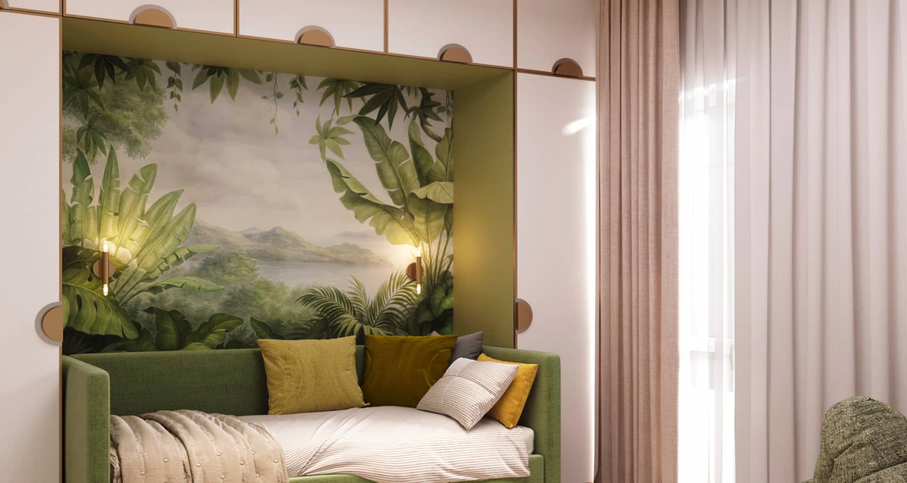 Дизайн комнаты с зеленым диваном