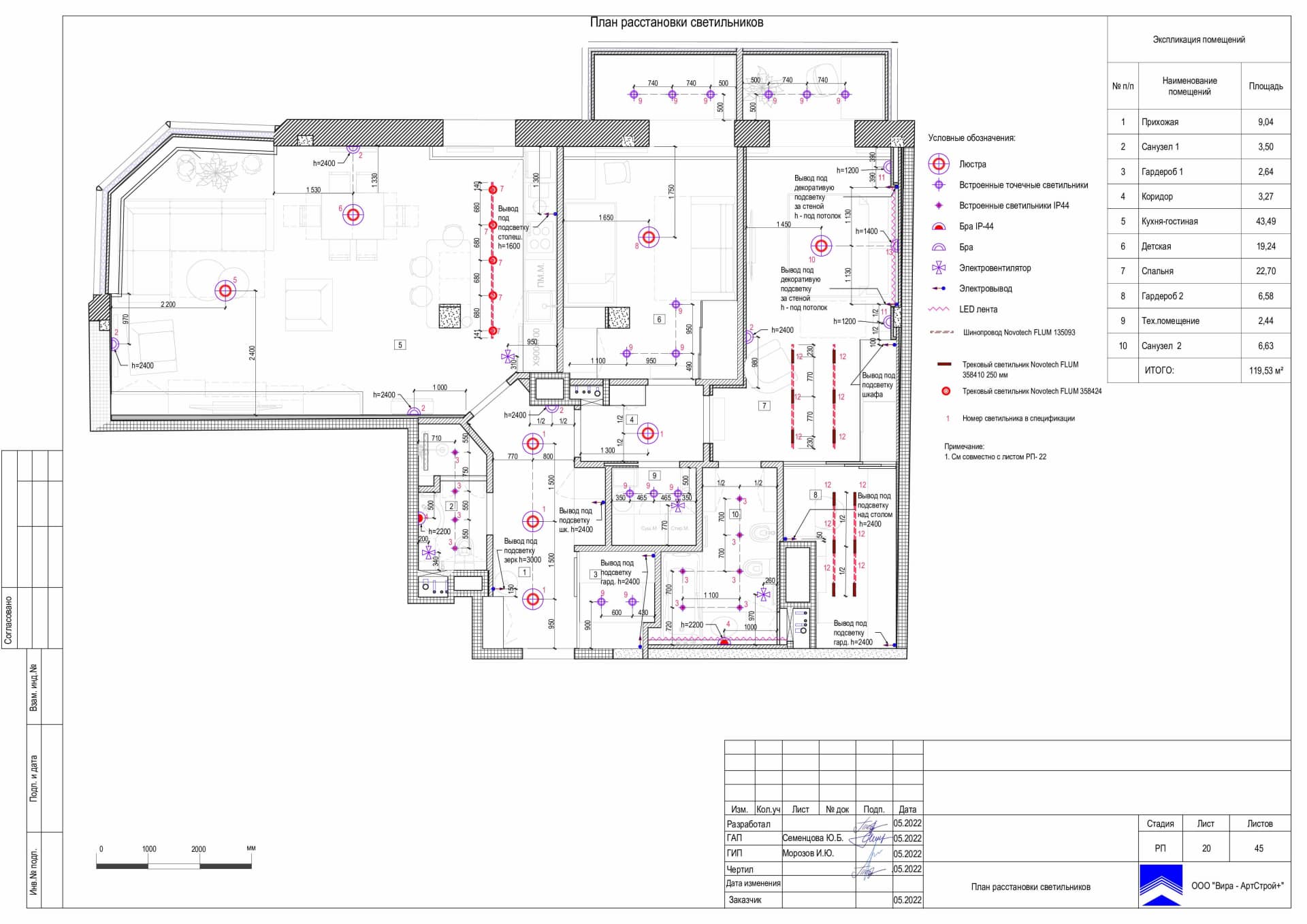 План расстановки светильников, квартира 120 м² в ЖК «Сколков Бор»