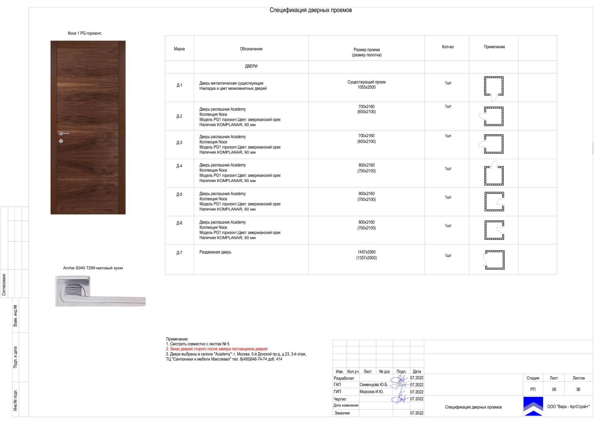 Спецификация дверных проемов, квартира 71 м² в ЖК «Фили Сити»