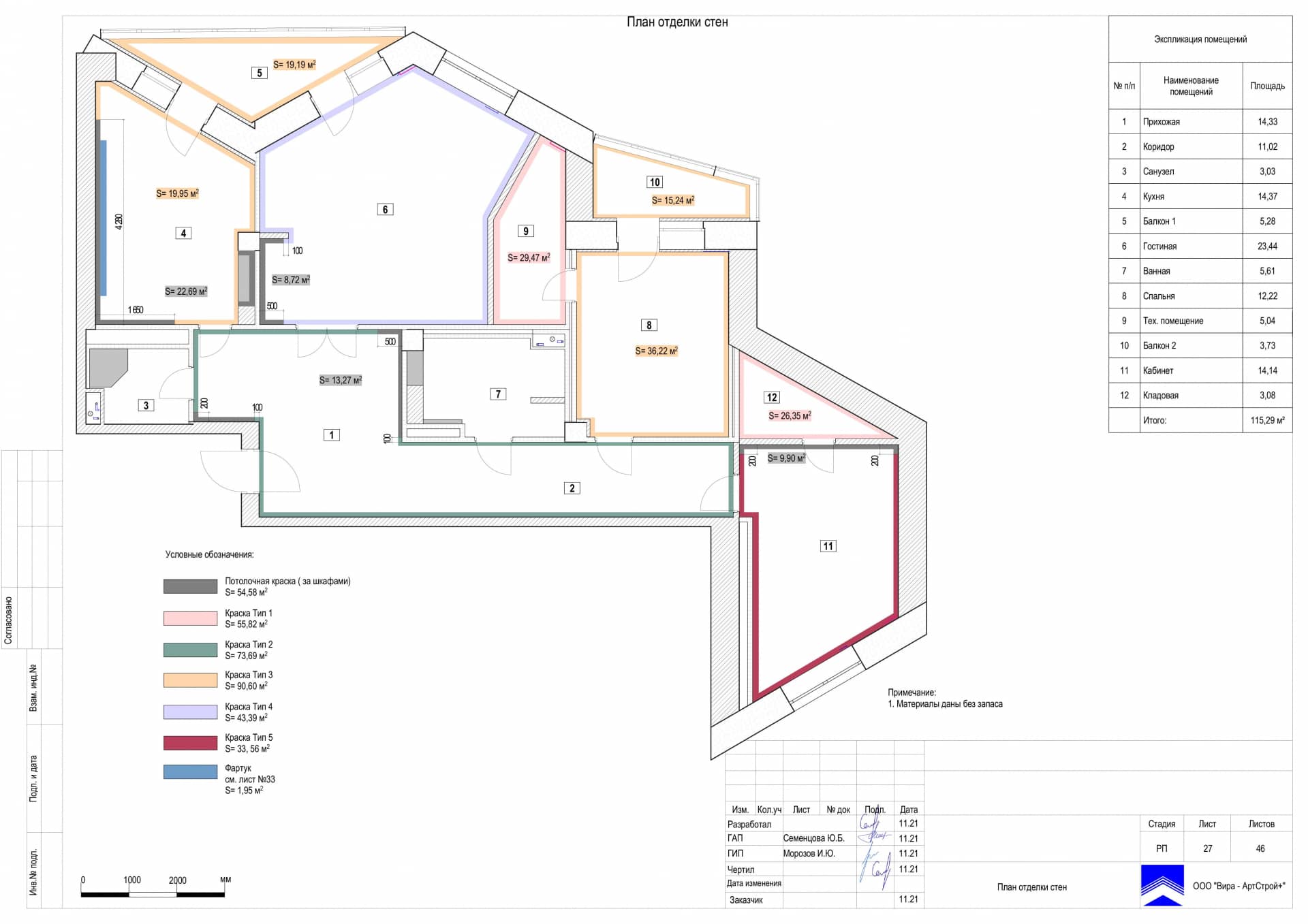 План отделки стен, квартира 115 м²