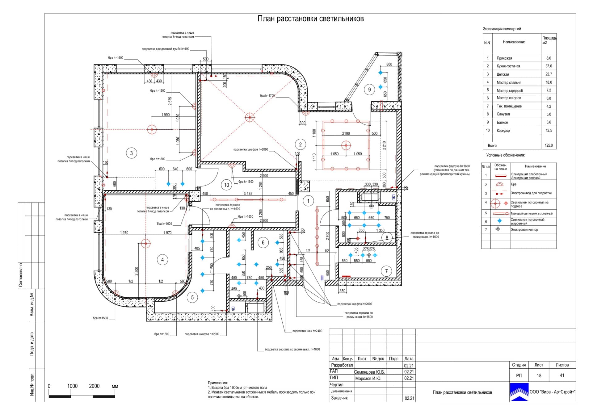 План расстановки светильников, квартира 125 м² в ЖК «Мосфильмовский»