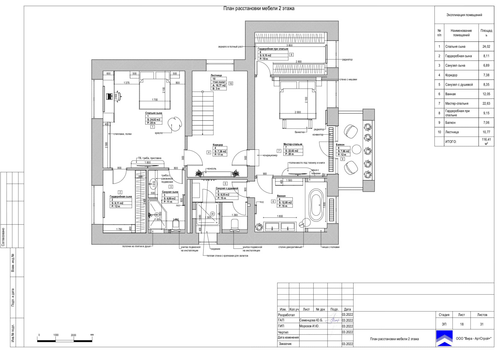 План расстановки мебели 2 этаж, дом 288 м² в КП «Усадьба»