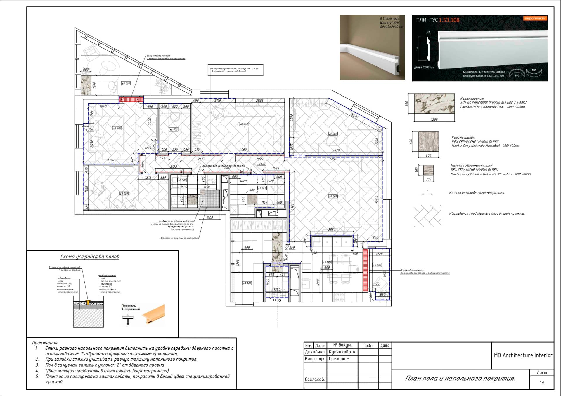 План пола и напольного покрытия, квартира 167 м² в ЖК «Дыхание»