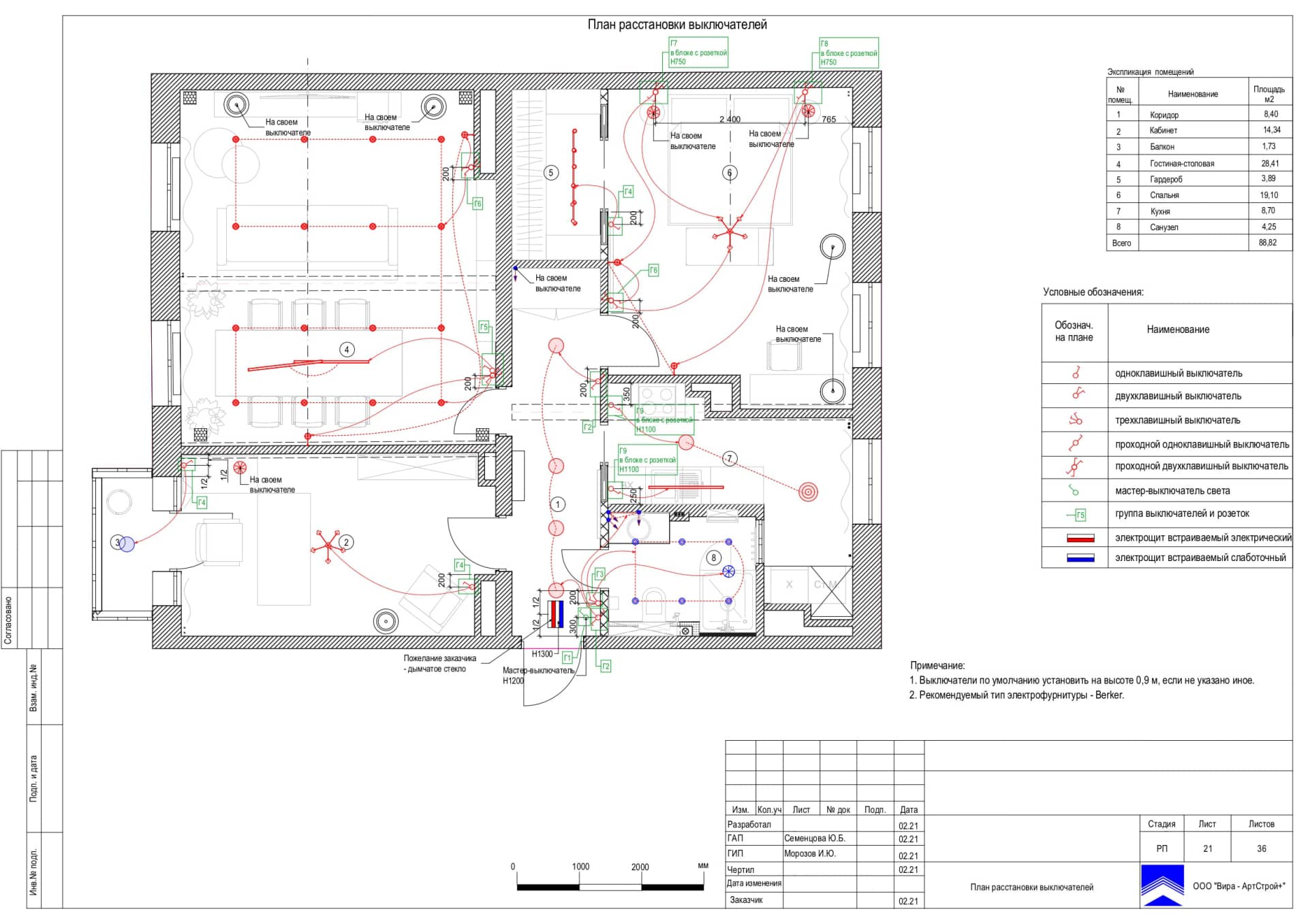 План расстановки выключателей, квартира 89 м²