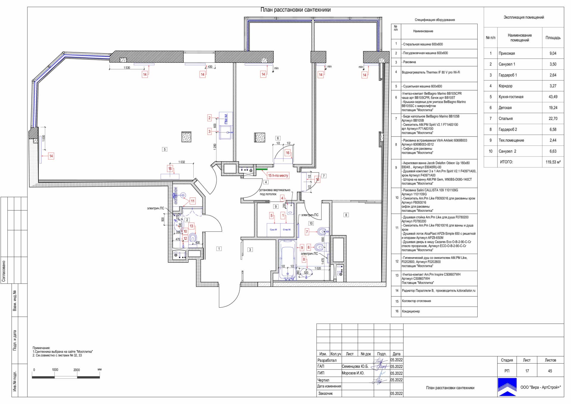 План расстановки сантехники, квартира 120 м² в ЖК «Сколков Бор»