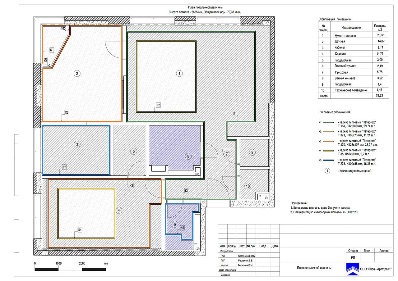 План потолочной лепнины, квартира 79 м² в ЖК «Маяковский»